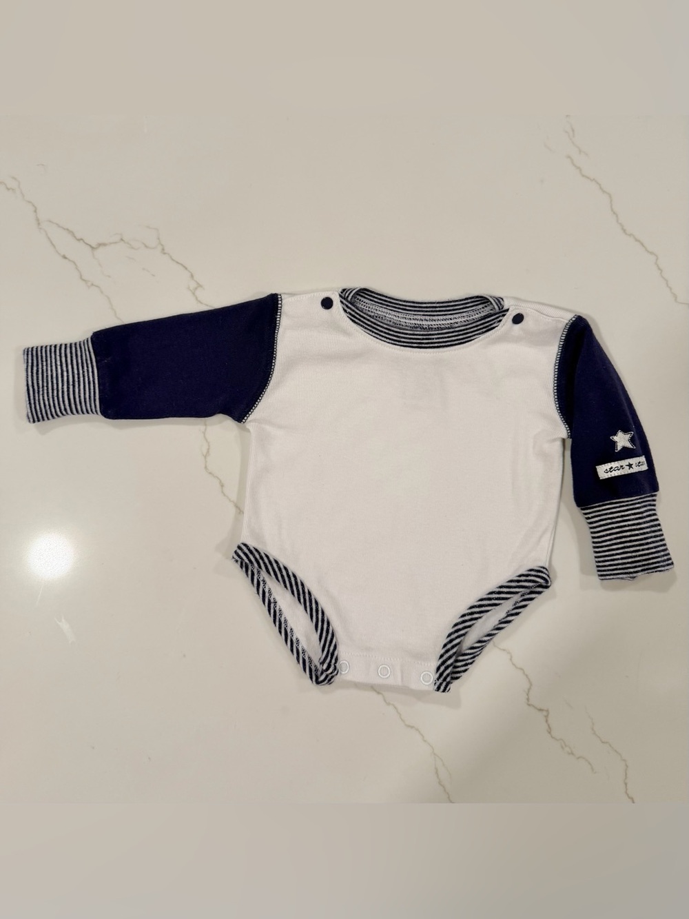 80s Gymboree Navy and White Long-Sleeve Baby Onsie